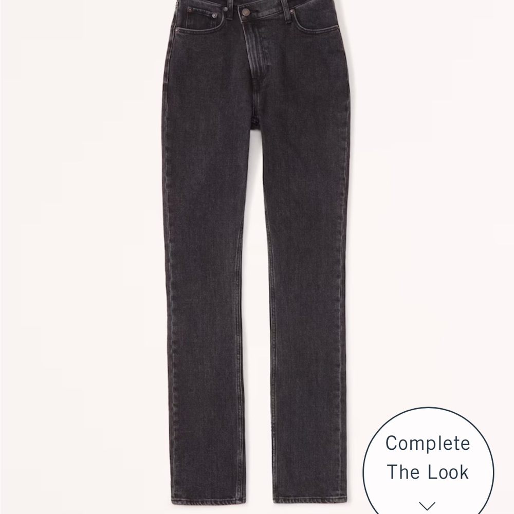 A&F black high rise jeans with criss-cross waistband.  90’s slim straight.